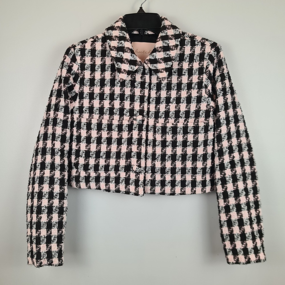 Hutch Pink Black Gingham Tweed Cropped Jacket XS Collared Button Front Lined